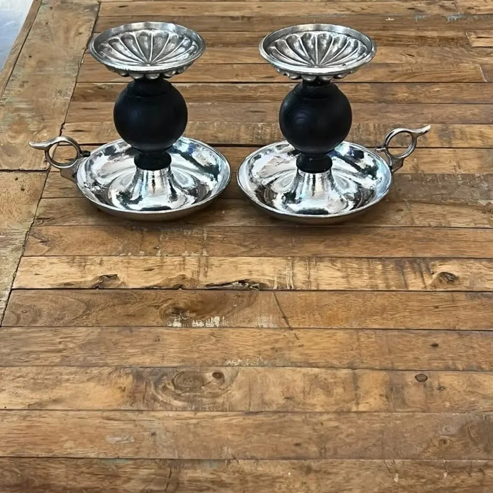 Vintage Dilly Metal & Wood Chamberstick Finger Loop Candle Holder
